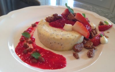 LEMON POPPY CHEESECAKE with STRAWBERRY RHUBARB COMPOTE